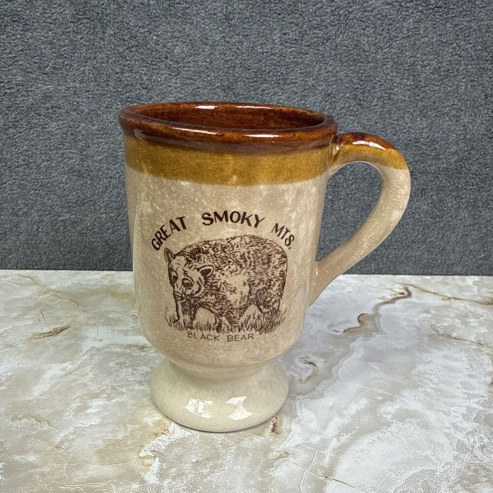 Vintage Great Smoky Mountains Glazed Pottery Coffee Mug Crackle Black Bear